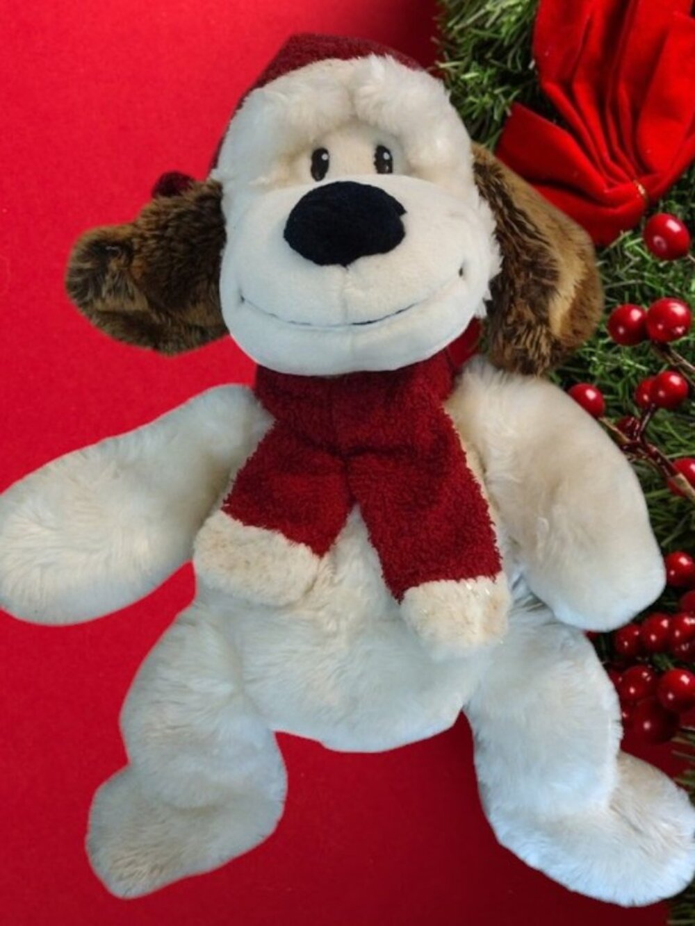 Plush Holiday Puppy in White & Brown with Red Scarf Cozy Cuddly Stuffed Animal